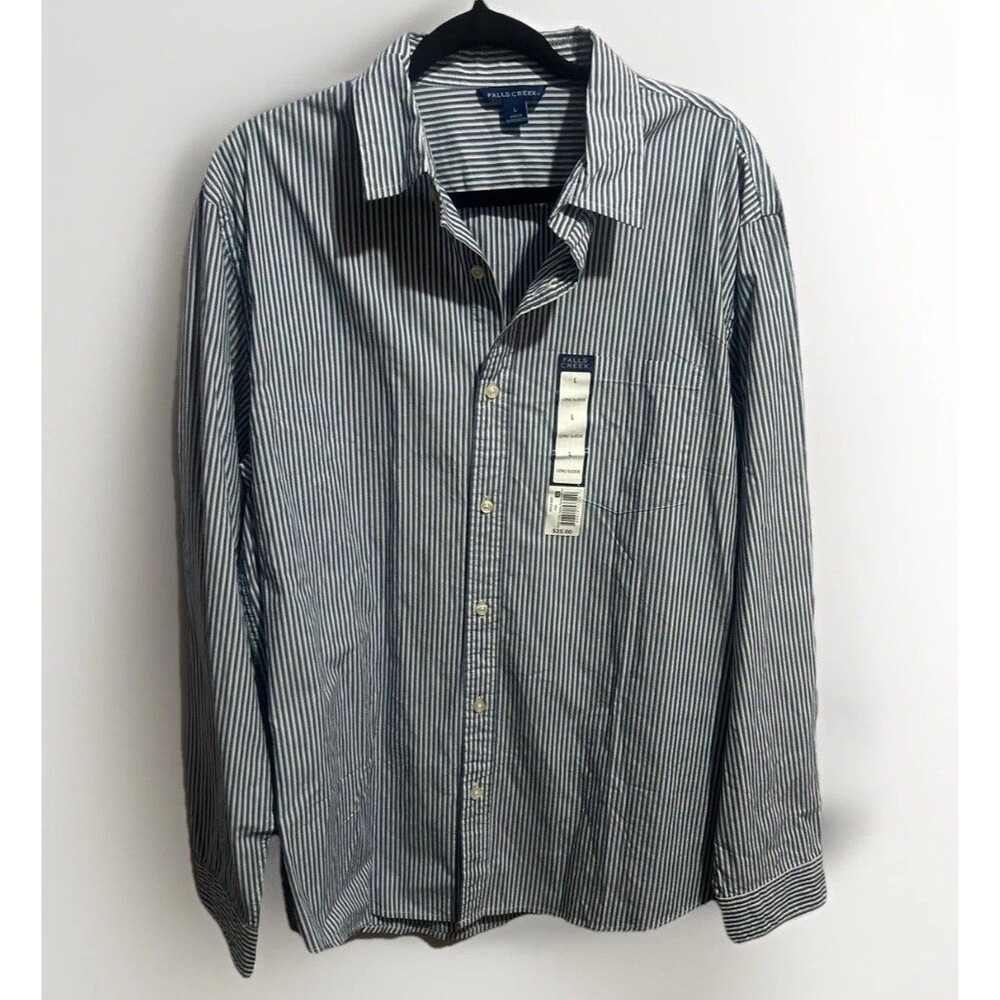 Falls Creek Men's Sz L Button Collar Button Up Shirt Blue White Stripe